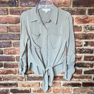 MICHAEL Michael Kors Army Military Green Button Down Tie Waist Top Women's XS